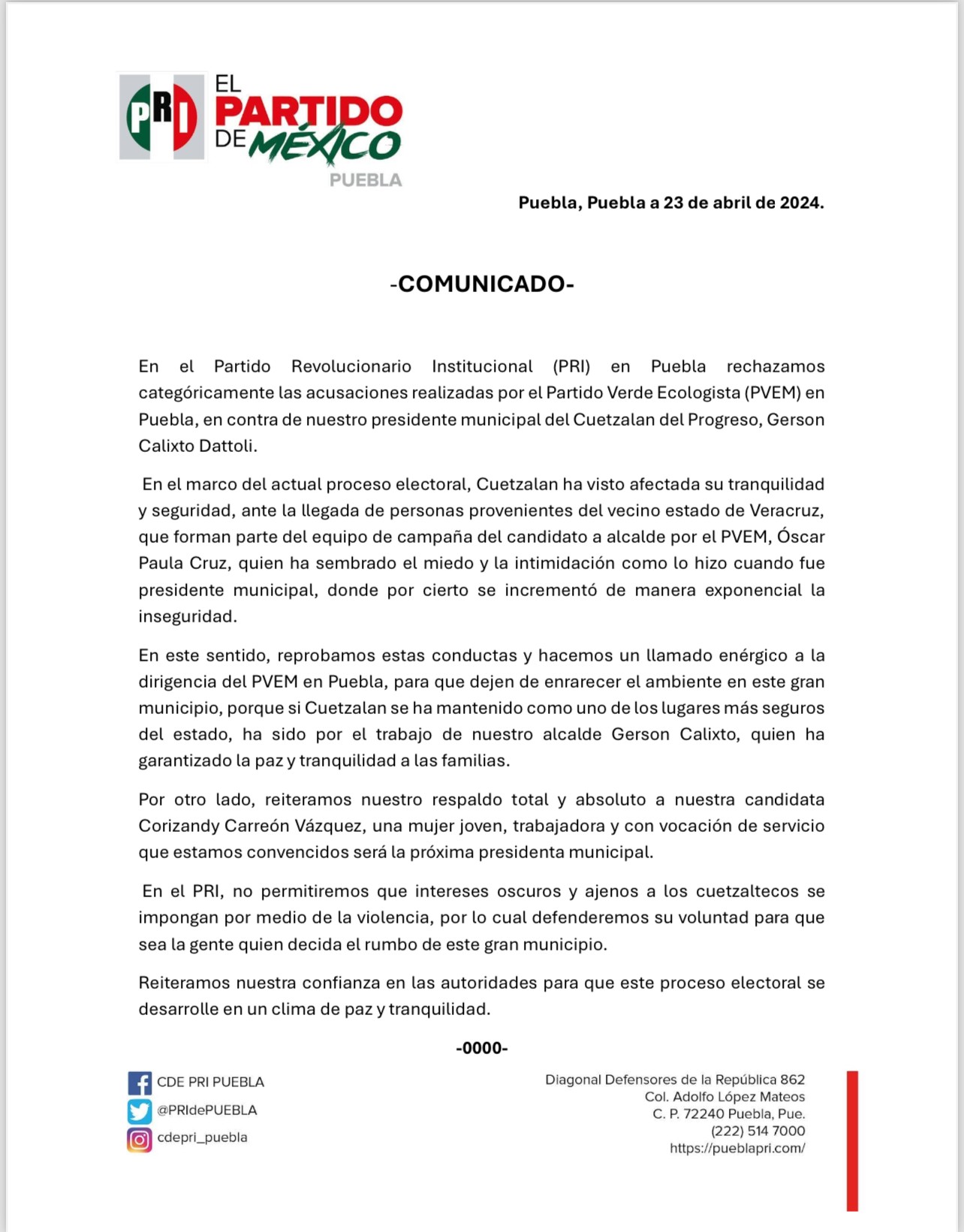 En el Partido Revolucionario Institucional (PRI) en Puebla rechazamos categóricamente las acusaciones realizadas por el Partido Verde Ecologista (PVEM) en Puebla
