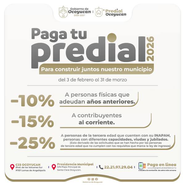 Habrá descuentos en el predial en Ocoyucan