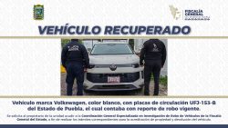 La Fiscalía General del Estado de Puebla (FGE) informa que fue recuperado un vehículo marca Volkswagen, color blanco
