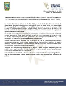 Obtiene FGE vinculación a proceso y prisión preventiva contra dos personas investigadas por homicidio en grado de tentativa y portación de arma de fuego en San Andrés Cholula