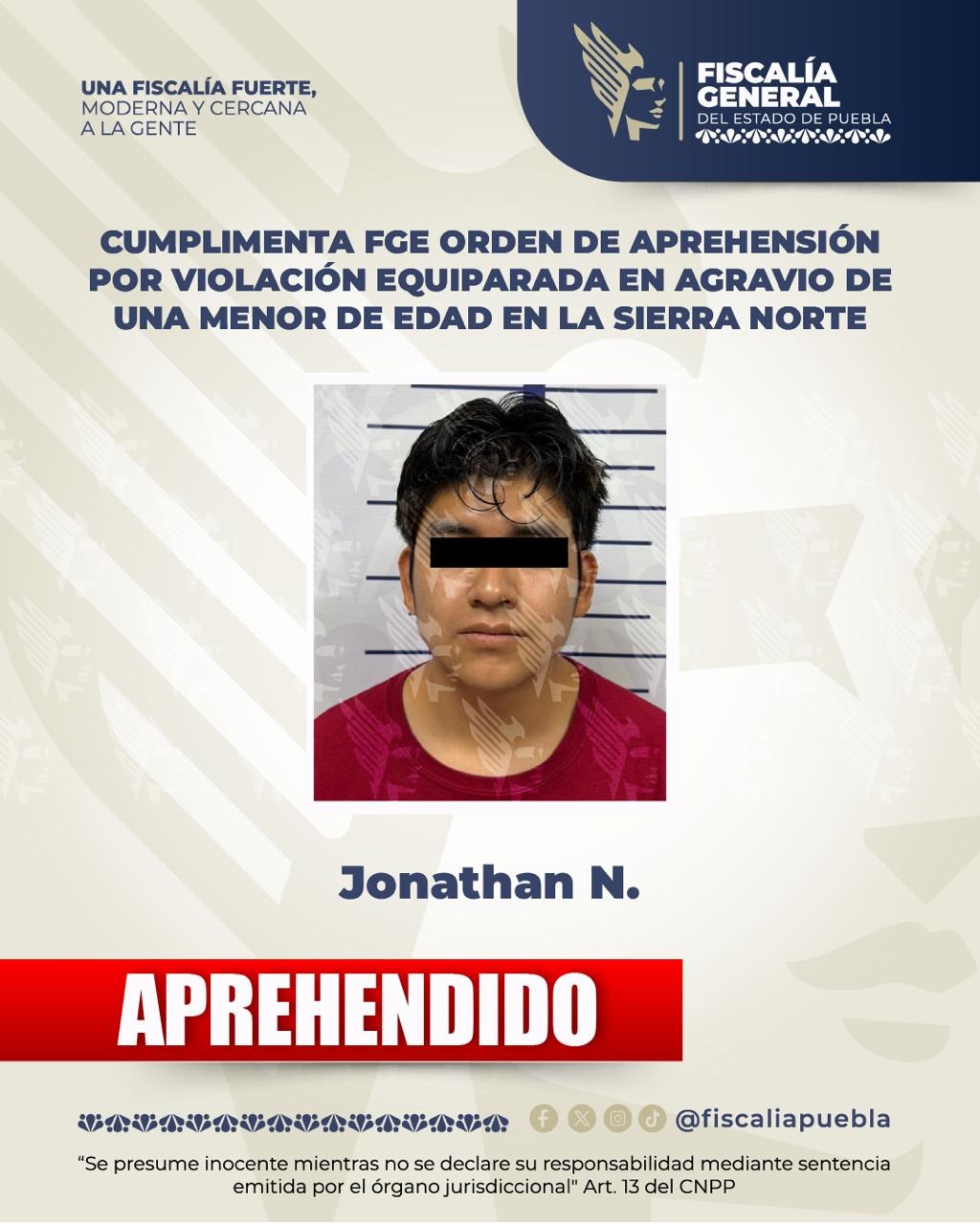Cumplimenta FGE orden de aprehensión por violación equiparada en agravio de una menor de edad en la Sierra Norte