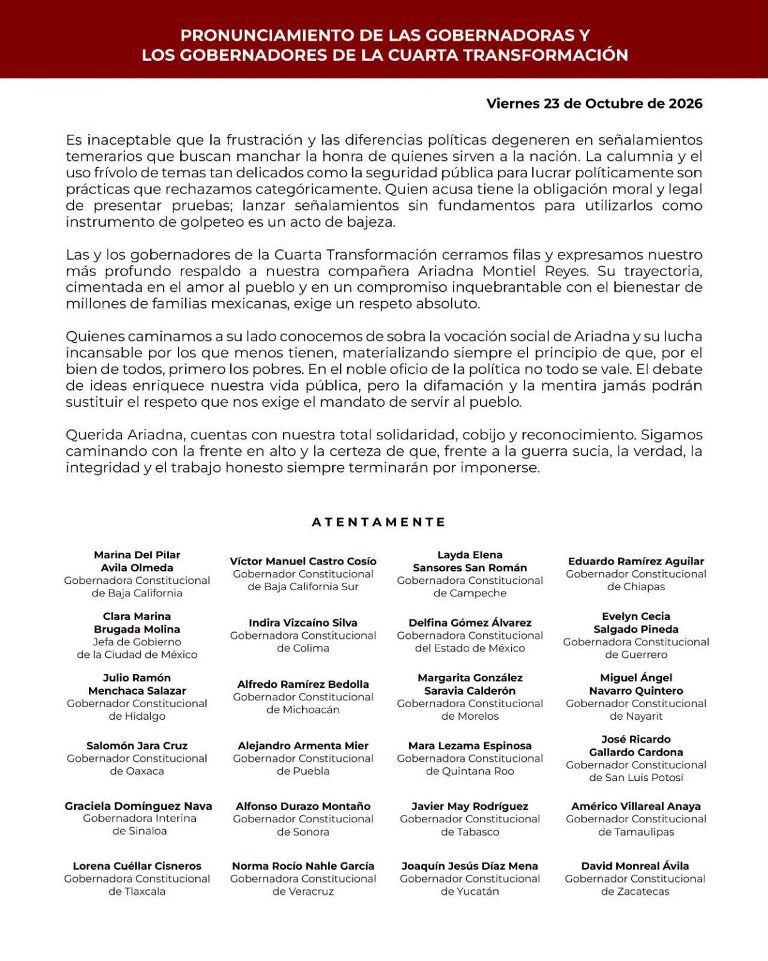 Gobierno de Puebla  y de otros Estados de la 4T respaldan a Ariadna Montiel ante señalamientos